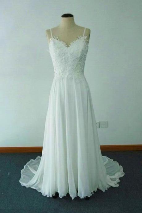 Elegant A-line Jewel Sweep Train Chiffon Beach Wedding Dress With Lace