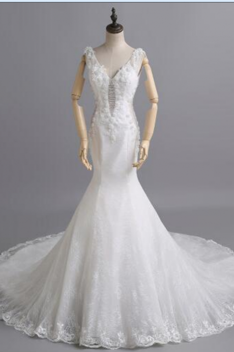  Sexy Mermaid Lace Crystal Chapel Train Bride Wedding Dresses Cheap Bridal Gown