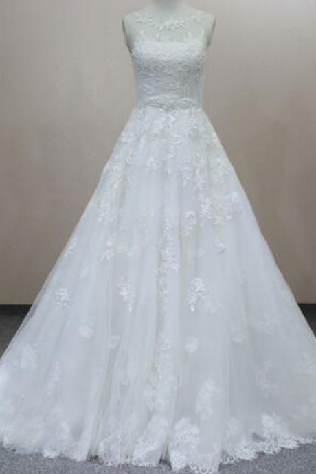 White / ivory bride wedding dress Women's fashion line A wedding dress Sleeveless lace wedding dress