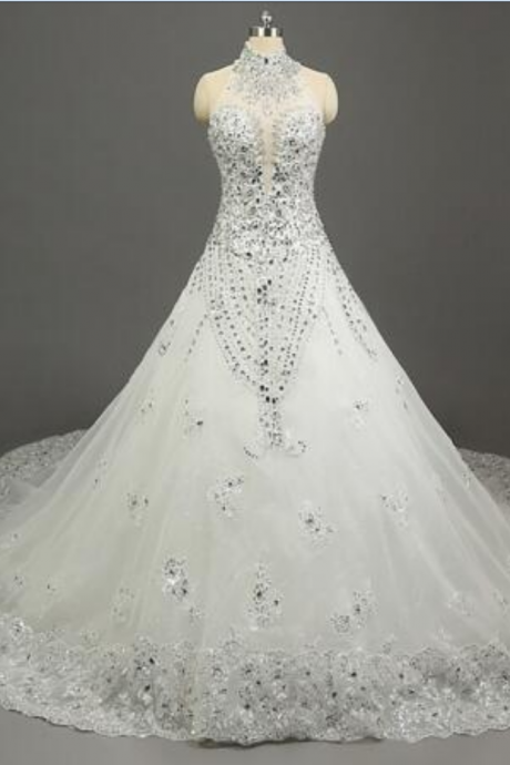 High Neck Sleeveless Beaded A-line Wedding Dress With Cathedral Train