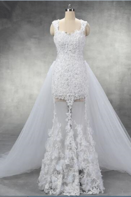 Sexy Cap Sleeves Pearl Beaded Lace Sheath Wedding Dress With Detachable Tulle Train See Through Skirt 3d Flowers Real Photos