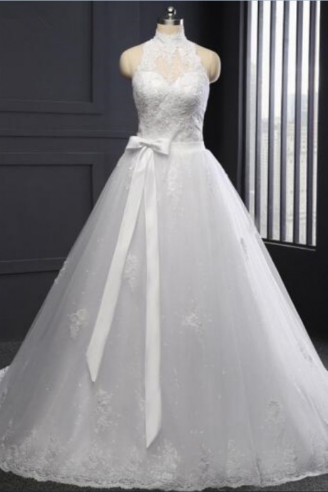  High Neck A-line Lace Wedding Dress with Chapel Train