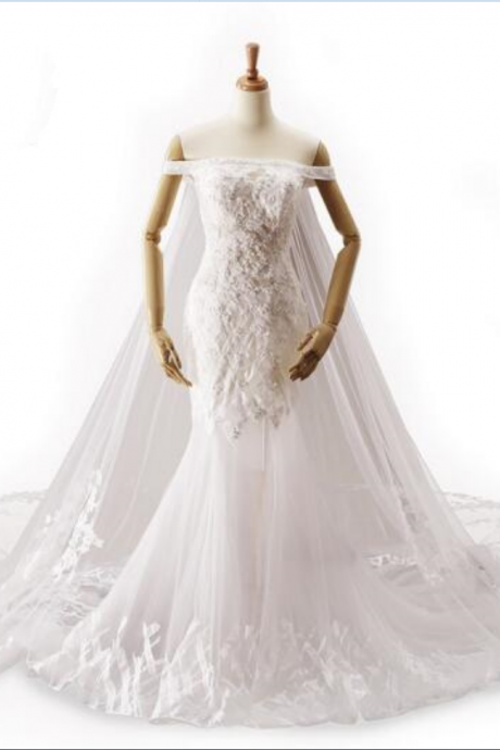 Long Mermaid Wedding Dress White Pearls Sequined Tulls Sating Long Floor-length Short Sleeves Real Picture