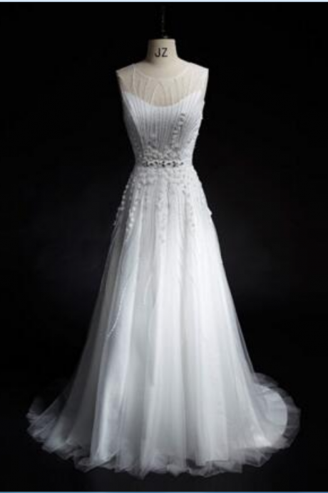 Beaded Wedding Dresses Spring Handmade Wedding Dresses A Line Floor Length Sheer Neck Court Train robe de