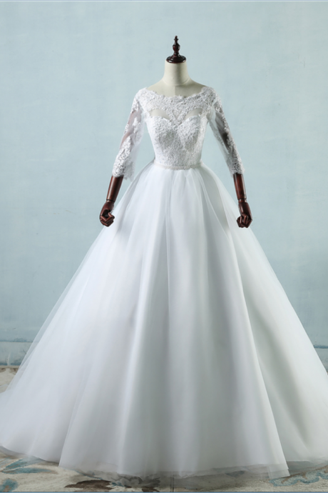 Long Wedding Dress, Lace Wedding Dresses, Tulle Wedding Dress, Floor-length Bridal Dress, 3/4 Sleeve Wedding Dress, Custom Made Wedding Dress,