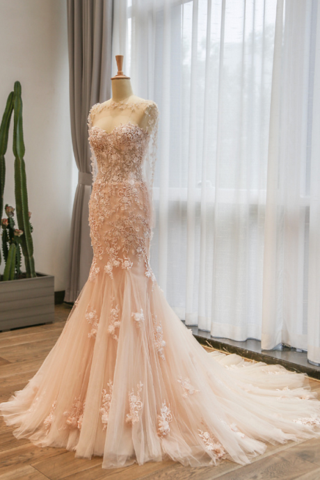  Elegant Wedding Dress ,Mermaid Lace Wedding Dresses,Pink Wedding Gown,Sweetheart Neckline Bridal Gown Flowers Beaded Wedding Dress