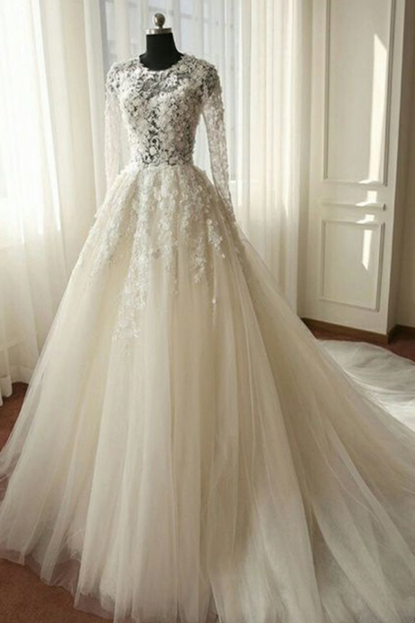 White chiffon lace wedding dress,long sleeves wedding dresses,see-through A-line long Bridal dresses,wedding dresses