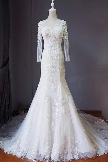 Long Sleeve Wedding Dresses, Vestido Noiva Appliques White Tulle Casamento Mermaid Wedding Dress Bridal Gown