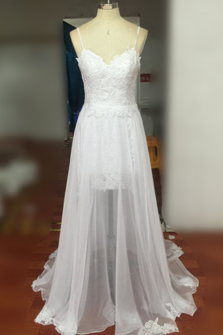 Spaghetti Straps Wedding Dress,beach Wedding Dresses,white Lace Chiffon Backless Beach Wedding Dress,side Slit Wedding Gown