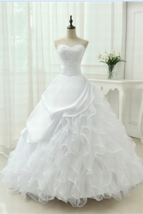  Charming Ball Gown Strapless Sweetheart Lace Ruffles Wedding Dresses Bridal Gown