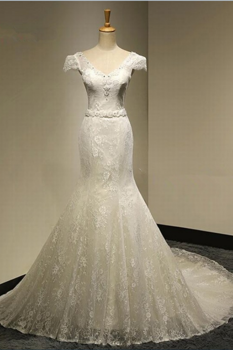 Charming Mermaid Prom Wedding Dress V Collar Romantic Bridal Gown Trailing Wedding Dress