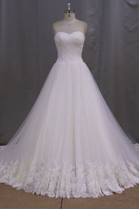  Sleeveless Strapless Sweetheart A-line Lace Wedding Dress Tailing Wedding Dress