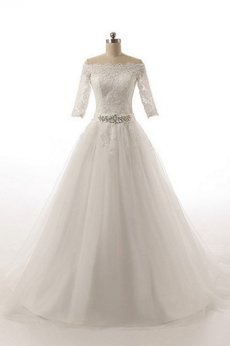 Half Sleeves Long Ball Gowns Bodice Lace Wedding Dresses 