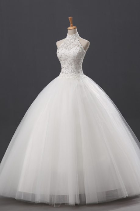 Lace And Beaded Embellished High Halter Neck Floor Length Tulle Wedding Gown