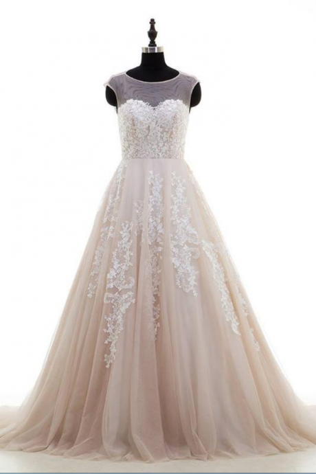 Ivory Lace Appliqued Nude Tulle Chapel Train Wedding Dresses