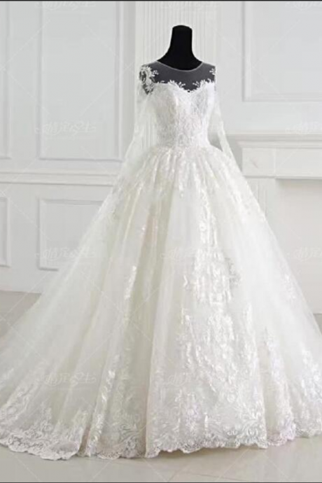 Long Sleeve Lace Wedding Dresses Ball Gown Tulle Wedding Gowns White Chapel Train Bridal Dresses 