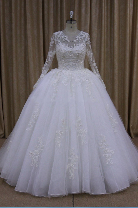 sheer long sleeves white organza tulle ball gown wedding dresses lace appliques 