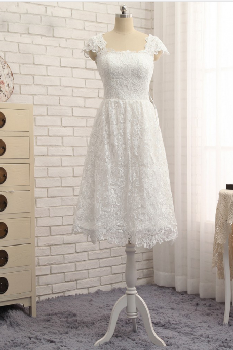 White Short Wedding Dresses,elegant Lace Wedding Dress , Plus Size Bridal Gown ,cap Sleeve Wedding Dress,tea Length Bridal Dress