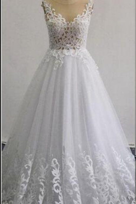  Real Images Beaded Wedding Dresses A -Line Illusion Neckline Sleeveless Layers Skirt Ruffle Lace Appliques Bridal Gowns
