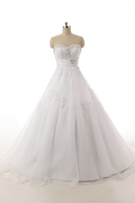  Sweetheart A-line White Tulle Wedding Dresses Crystals Lace Bridal Gowns