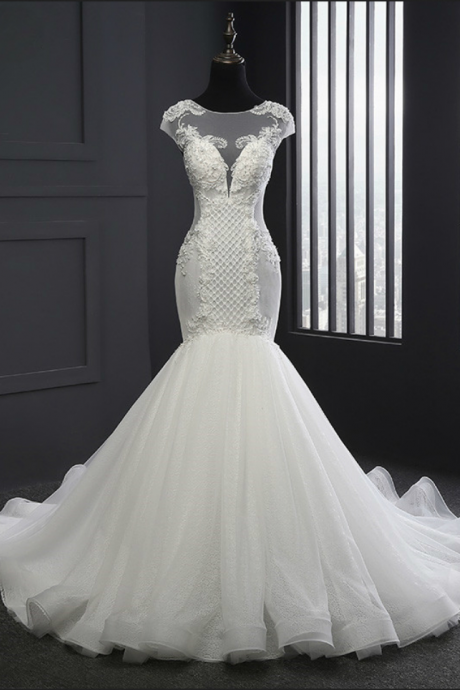 Style Scoop Neck Wedding Dresses Mermaid Lace-up Lace Appliques Wedding Dress