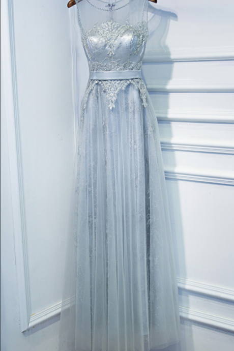 Prom Dresses Real Photos A-line Silver Tulle Sleeveless Long Party Gown Appliques Beads Sequined