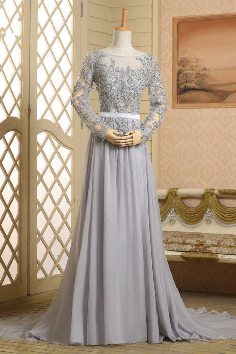 See Through Scoop Neckline Grey Chiffon Long Sleeves Prom Dress Applique Lace Open Back Evening Dresses
