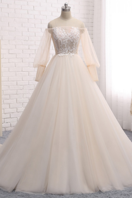  Long Wedding Dress, Long Sleeve Wedding Dress, Tulle Wedding Dress, Off Shoulder Bridal Dress, Charming Wedding Dress, Applique Bridal Dress, High Quality Wedding Dress, 