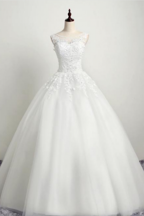 New A Line Sheer Scoop Neck Sleeveless Tulle Wedding Dresses Real Image Crystals Lace Appliques Embroidery Bridal Gowns