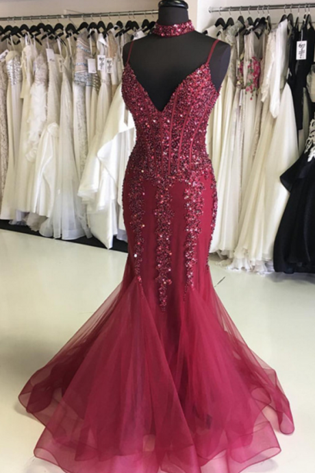 Burgundy Prom Dress,mermaid Evening Gowns,prom Dresses ,beaded Prom Dress