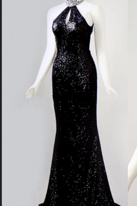Real Sample Black Sequin Mermaid Prom Dresses Blingbling Sexy Halter Neck Crystal Beaded Evening Party Dresses