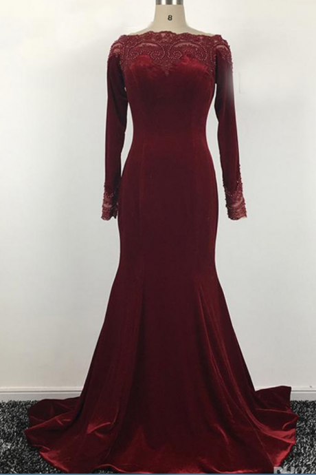 Sexy Burgundy Mermaid Evening Dresses Real Photos Arabic Formal Evening Gowns Lace Velvet Pearls Long Sleeves Women Evening Dress
