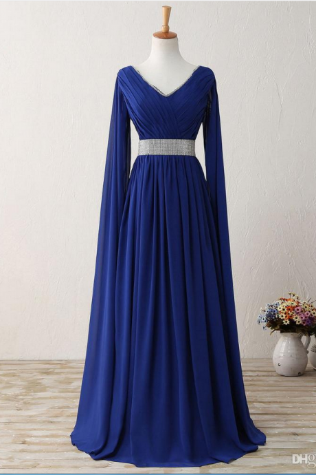 Real Simple Bridal Kaftan A Line Royal Blue Muslim Evening Gown V Neck Long Sleeves Chiffon Beading Waist Evening Dresses