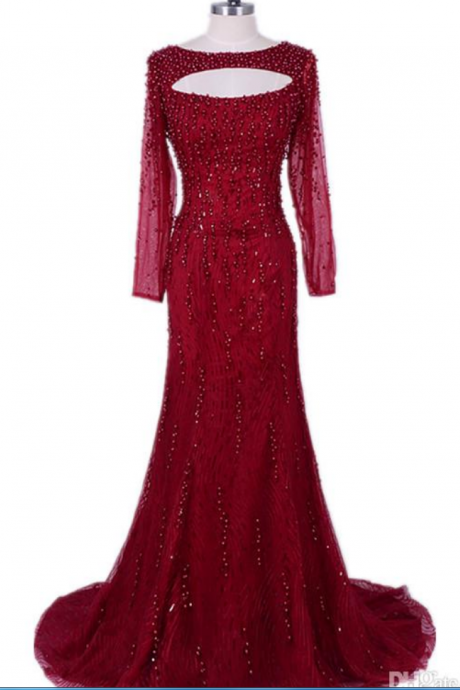 Real Simple Burgundy Evening Dress Mermaid 2017 Luxury Pearls Beading Lace Elegant Women Long Sleeve Prom Dresses Sheer Illusion Party Gowns