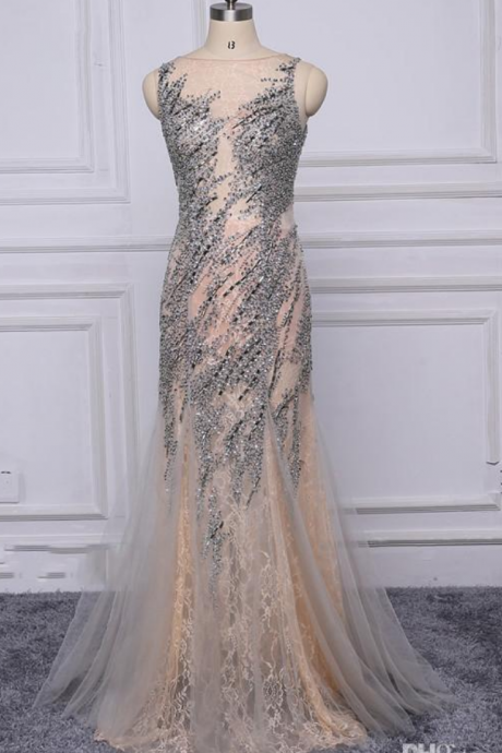 Luxury High-end Mermaid Elegant Tulle Evening Dresses Real Sample Sleeveless Crystal Sequined Evening Gowns 2017 Robe De Soiree