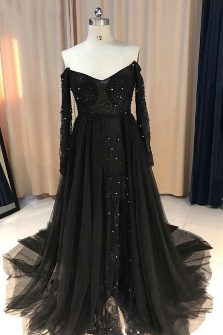 Real Samples Elegant Black Evening Dresses Off The Shoulder Tulle Sexy Lace Beaded Long Sleeves Evening Gowns Prom Party Dress
