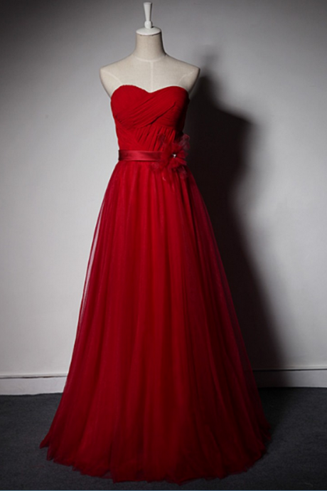 Custom Made Strapless Sweetheart Neckline Floor-length Tulle Prom Dress / Long Evening Dress With Floral Sash - Red