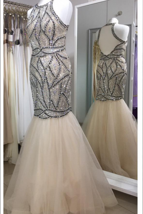 Fully Crystal Beaded Tulle Champagne Mermaid Prom Dresses Evening Gowns