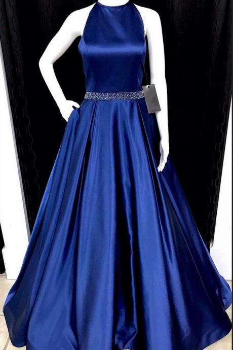 Navy Blue Prom Dress,ball Gowns Prom Dress,satin Prom Dress,halter Evening Dress,open Back Dresses