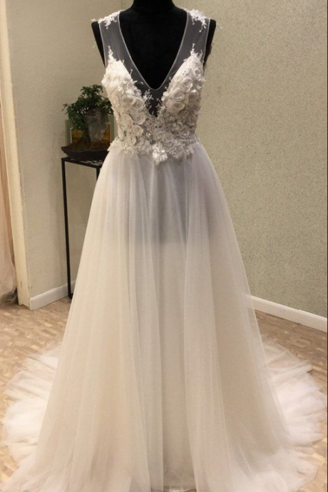Elegant V-neck White Tulle Prom Dress,long Prom Dresses,prom Dresses