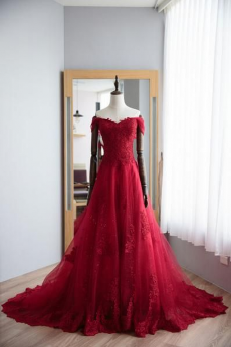 Red Sweetheart Lace Tulle Long Prom Dress, Red Evening Dress, Wedding Dress
