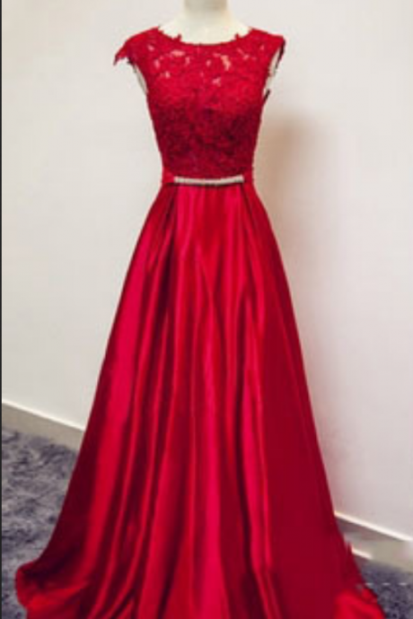 Red Lace And Satin V Back Long Prom Dresses, Red Formal Gowns, Evening Dresses