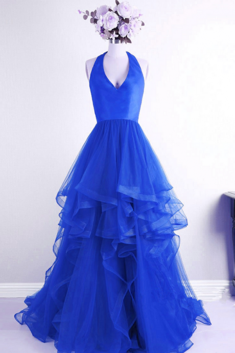 Beautiful Royal Blue V-neckline Halter Tulle High Low Party Dresses, Royal Blue Prom Dresses , Formal Gowns