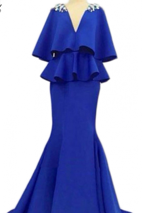 Mermaid Royal Blue Formal Wedding Party Dresses Crystal Outdoor Dress Long Sleeve V Neck Semi-formal Evening Dress