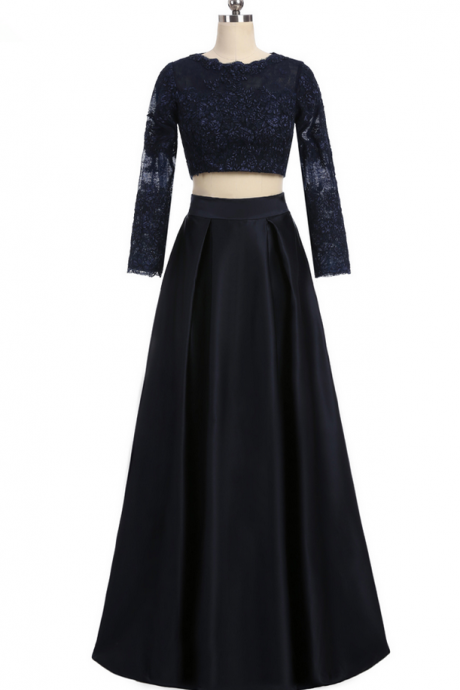 Two-piece A - Ligne Long-sleeved Black Satin Lace Perspective Beautiful Skirt Long Evening Dress Open Air