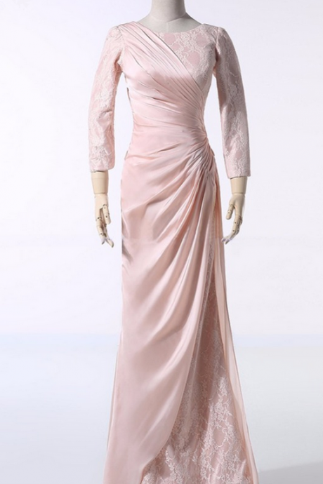 Long Pink Ball Gowns Lace Long Sleeve Ball Gown Silk Evening Gown