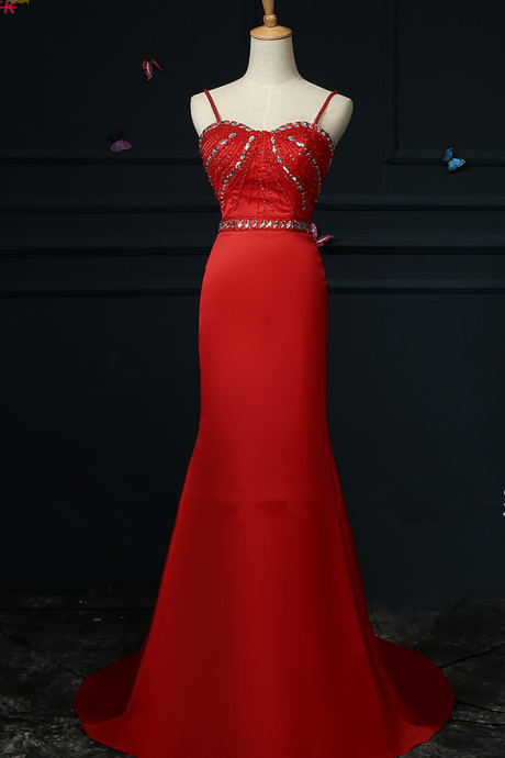 Robe Red Pearl Foil Spaghetti Lung Luxury Satin Formal Party Long Gown