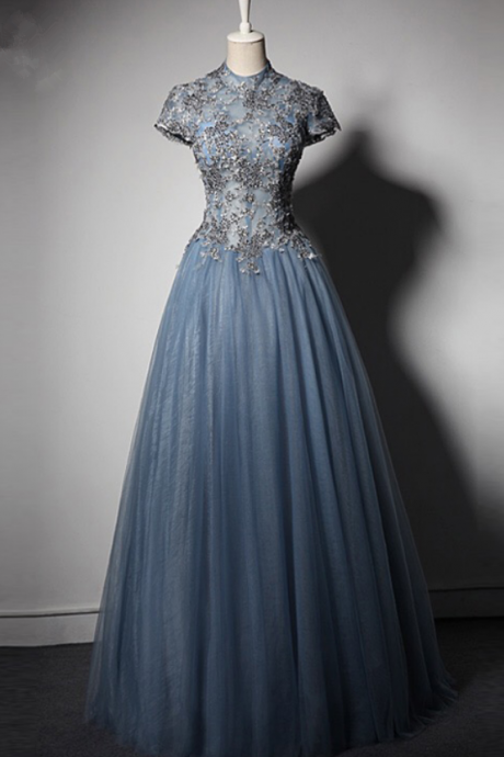 A - Ligne Unusually Long Blue Gray Appliques Evening Dress Formal Party Red Carpet Dress Party Dress