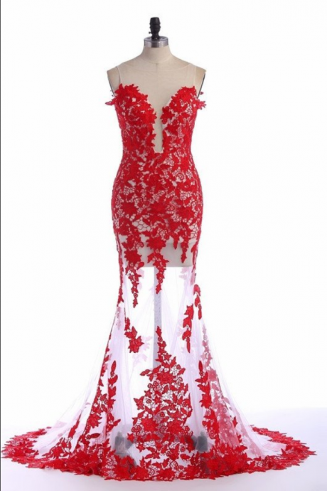 Red Lace Appliques Mermaid See-through White Tulle Prom Dress,zipper Back Party Dress, Prom Gowns,custom Made Sexy Pageant Dress