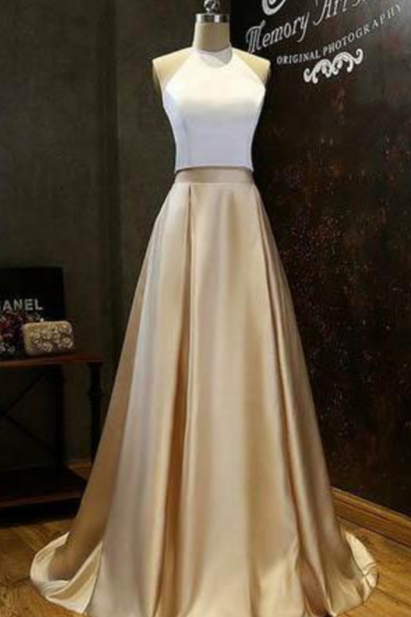 Simple Two-piece Gold Halter Long Prom Evening Dress With White Top